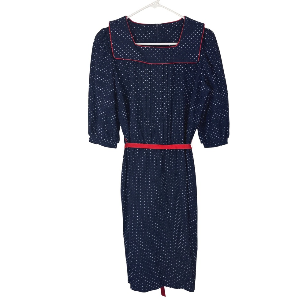 Vintage Navy Blueβ Polka Dot Pinup Sailor Midi Dress Retro Mod Petite 12